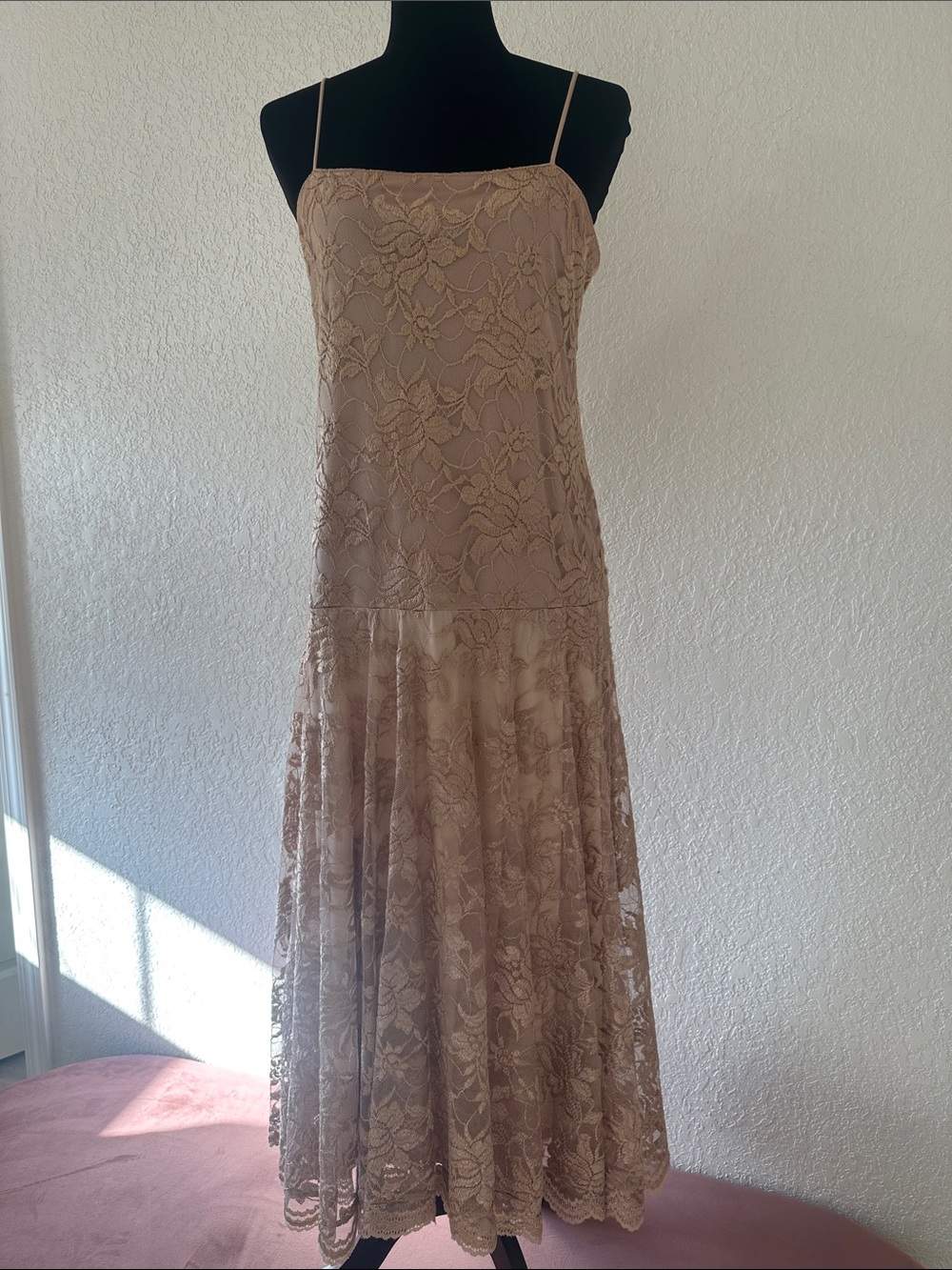 Vintage Gold Taupe Lace Maxi Dress with Spaghetti Straps